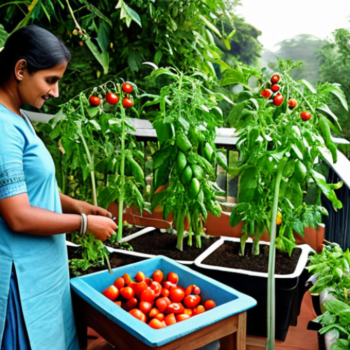 **

"A woman tending a small vegetable garden on her balcony, fully clothed in modest Indian clothing, safe for work, appropriate content, showcasing tomatoes, peppers, and herbs in pots, bright daylight, perfect anatomy, natural proportions, professional photography, family-friendly scene."

**