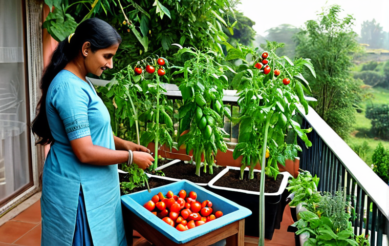 **
"A woman tending a small vegetable garden on her balcony, fully clothed in modest Indian clothing, safe for work, appropriate content, showcasing tomatoes, peppers, and herbs in pots, bright daylight, perfect anatomy, natural proportions, professional photography, family-friendly scene."
**
