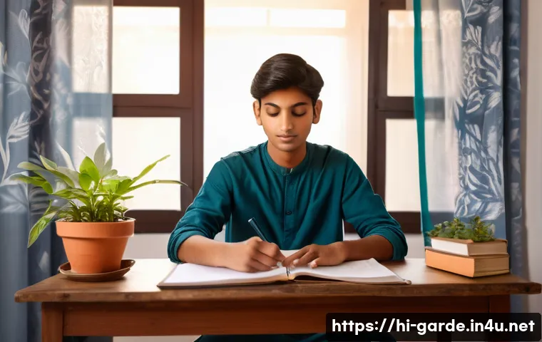 원예 자격증 시험 스트레스 관리법 - A serene study environment featuring a young Indian student sitting at a wooden desk in a bright, cl...