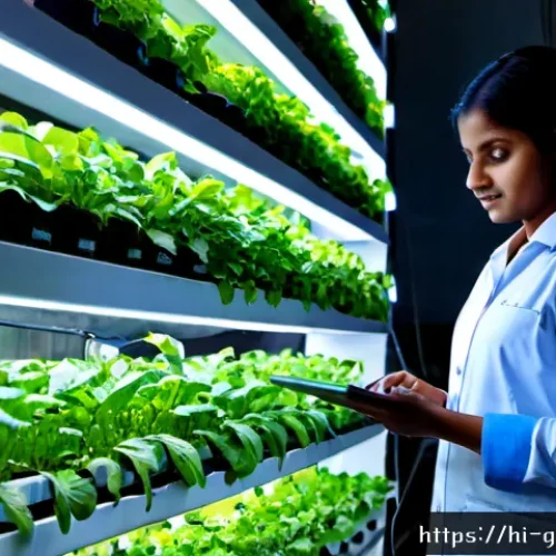 원예 분야 기술 트렌드와 미래 전망 - Photorealistic futuristic vertical farm in India, young Hindi-speaking horticulture researchers in m...