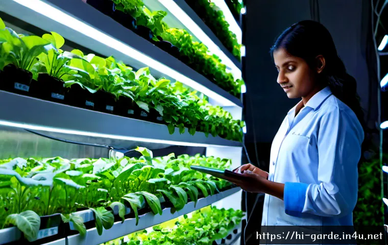 원예 분야 기술 트렌드와 미래 전망 - Photorealistic futuristic vertical farm in India, young Hindi-speaking horticulture researchers in m...