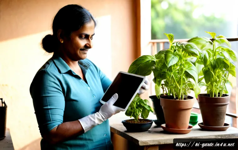 원예 자격증 실기 영상 강의 추천 - Photorealistic Indian home gardening lesson scene, middle-aged Hindi-speaking woman watching a pract...