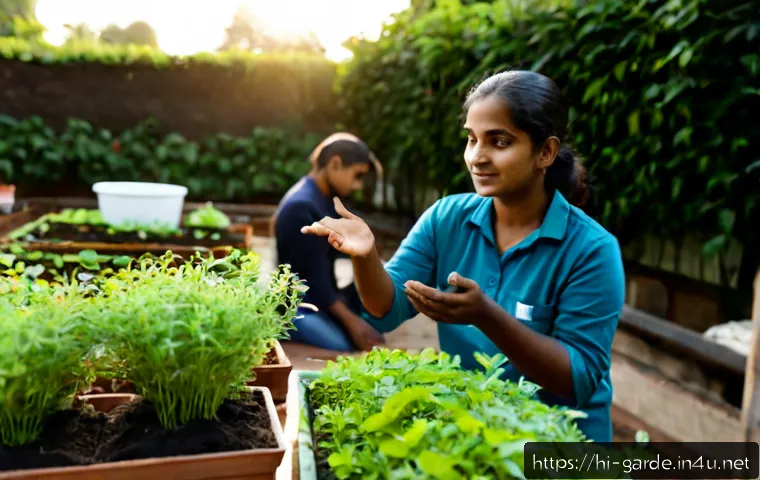 원예 전문가가 되는 데 필요한 소프트 스킬 - Photorealistic Indian horticulture mentor patiently listening to a young trainee in a lush community...